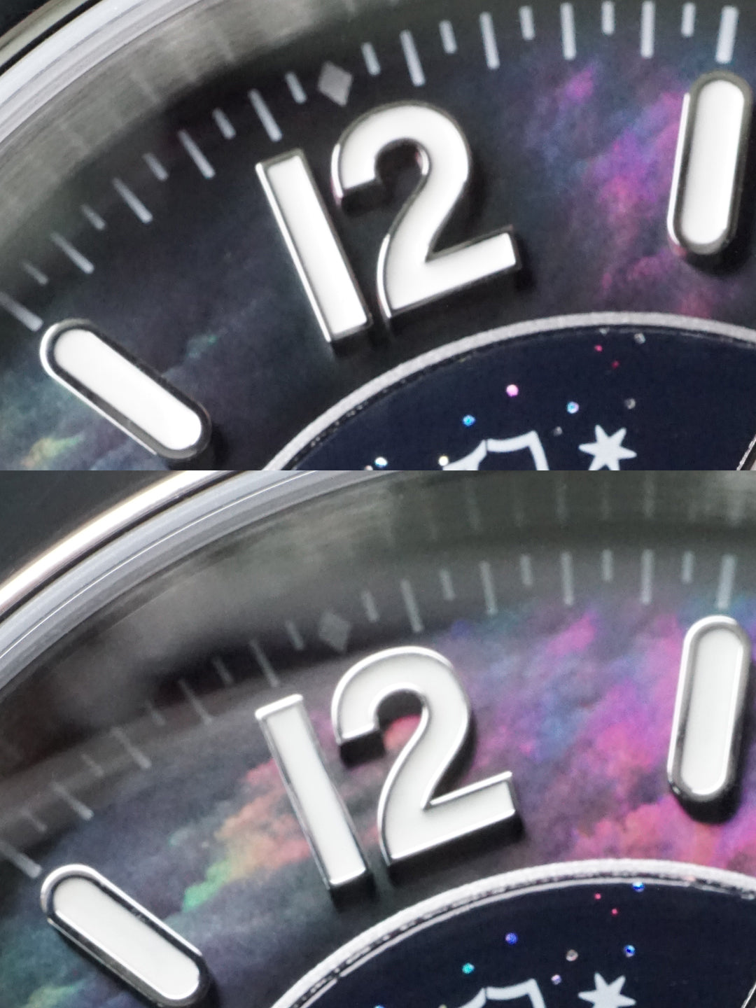 Close-up of a watch face with a colorful, starry background
